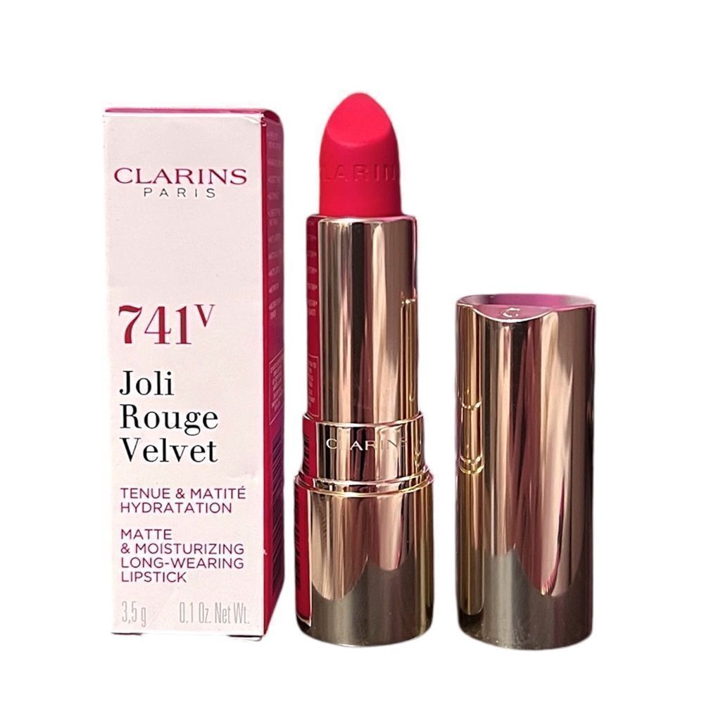 Clarins Joli Rogue Velvet Moisturizing Long Wearing Lipstick 741V Red Orange NIB